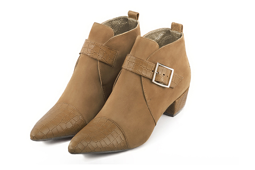 Camel beige women's ankle boots with buckles at the front. Tapered toe. Low cone heels. Front view - Florence KOOIJMAN